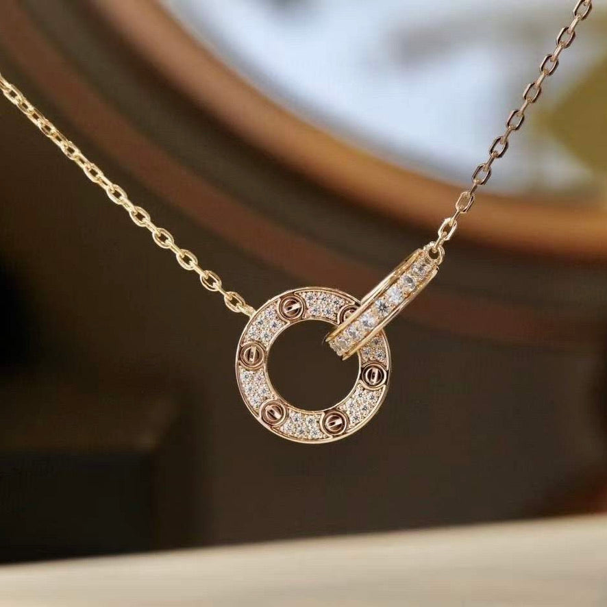 [Solara Jewelry]LOVE 7.6MM NECKLACE ROSE GOLD AND SILVER  FULL DIAMOND