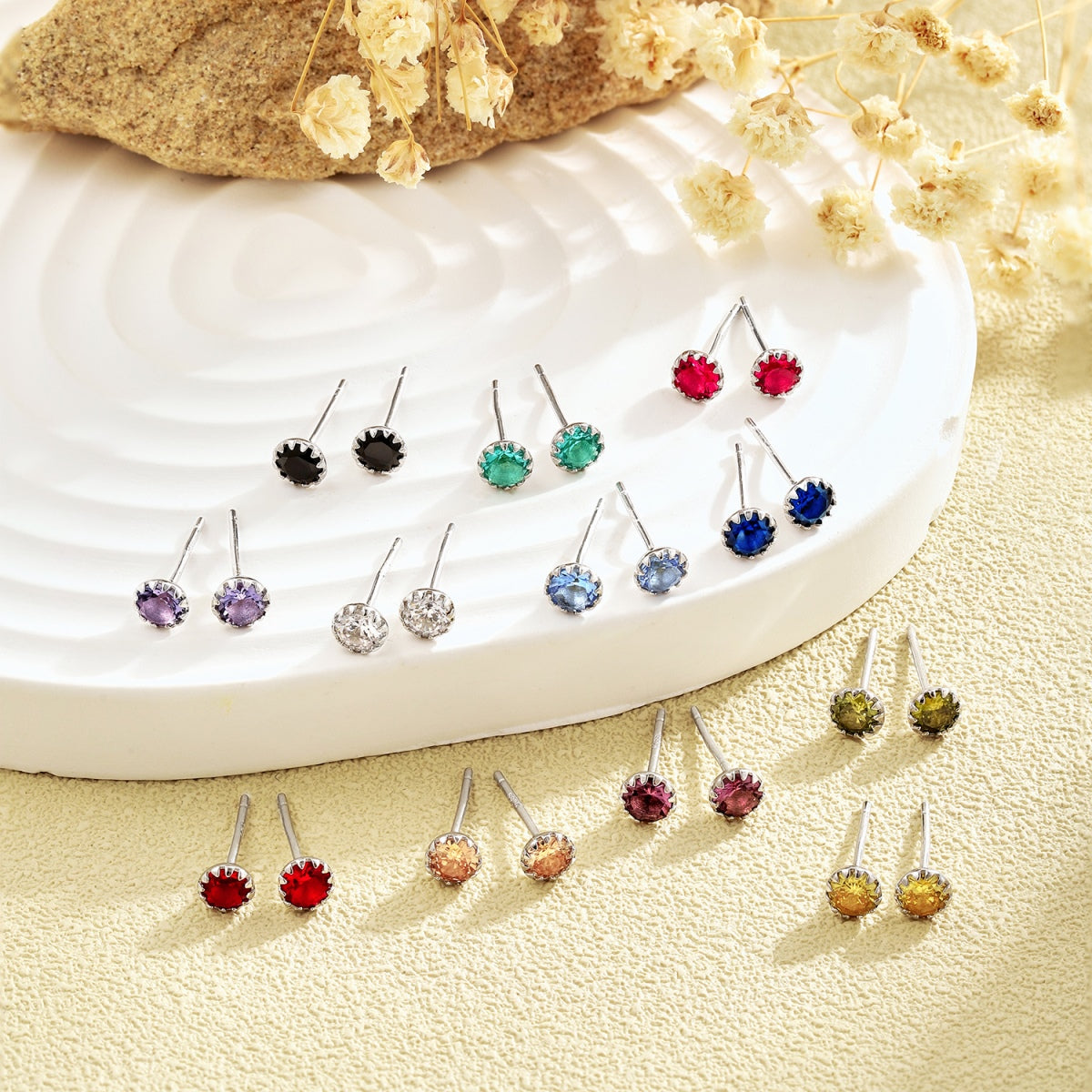 [Solara Jewelry]Sparkling Colorful Round Shape Earrings