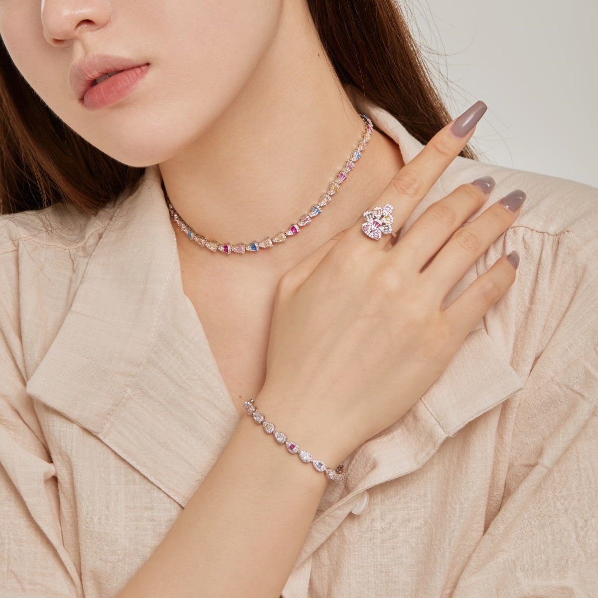 [Solara Jewelry]Sparkling Colorful Water Drop Shape Daily Ring