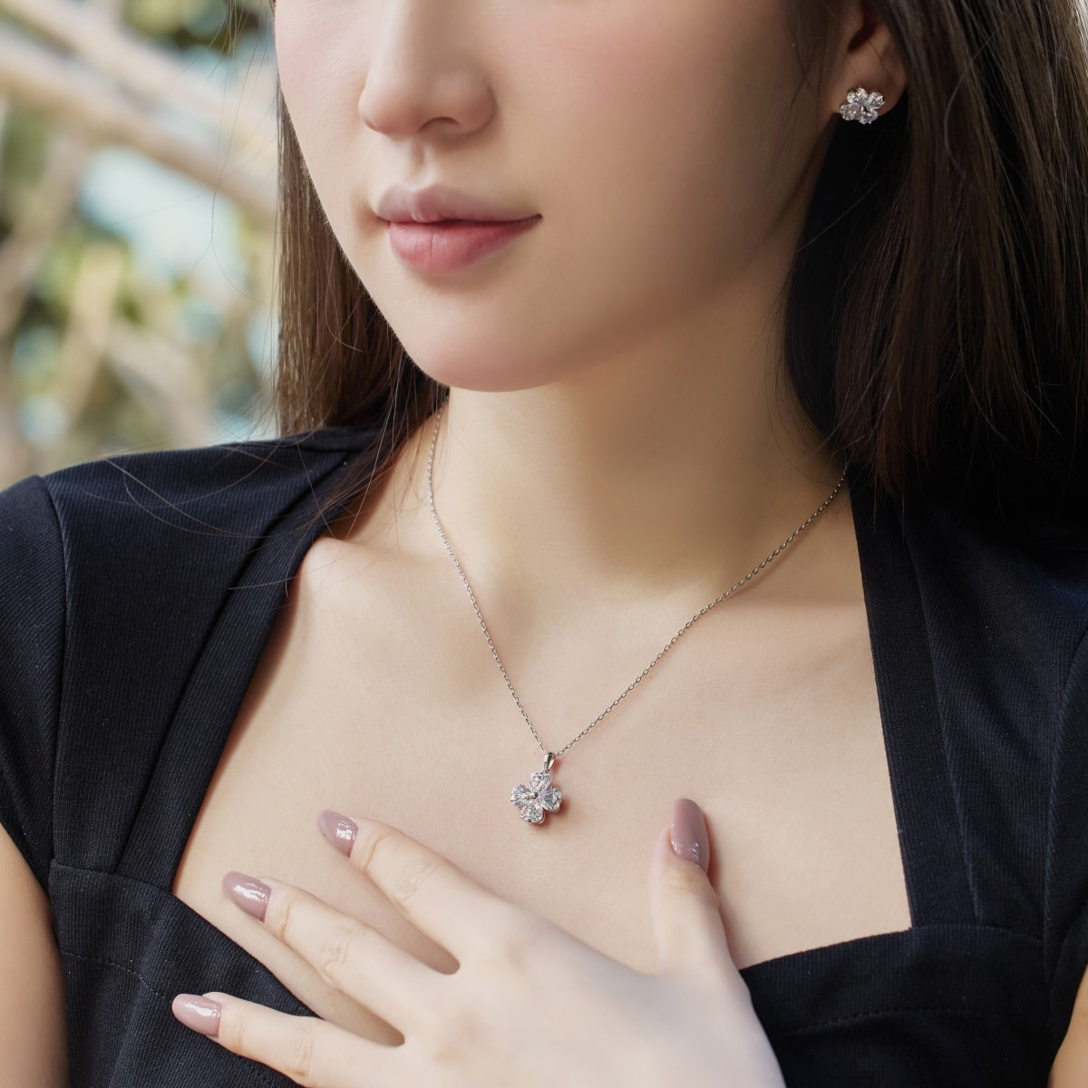 [Solara Jewelry]Heart-Shaped Four-Leaf Clover Bead Necklace