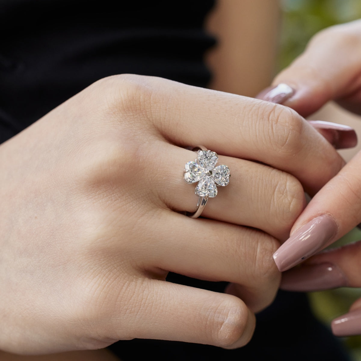 [Solara Jewelry]Heart-shaped Four-Leaf Clover Ball Ring