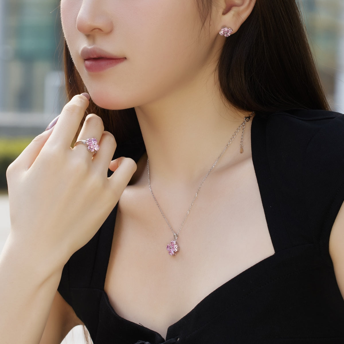 [Solara Jewelry]Heart-Shaped Four-Leaf Clover Bead Necklace