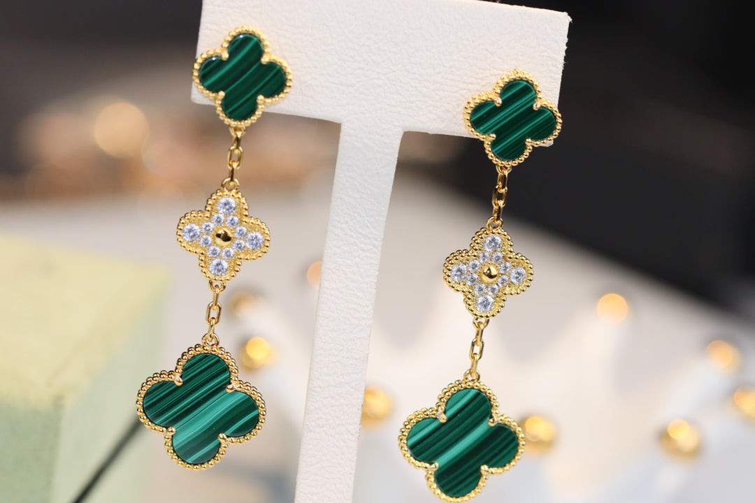 [Solara Jewelry]CLOVER EARRINGS GOLD MALACHITE DIAMOND 3 MOTIF