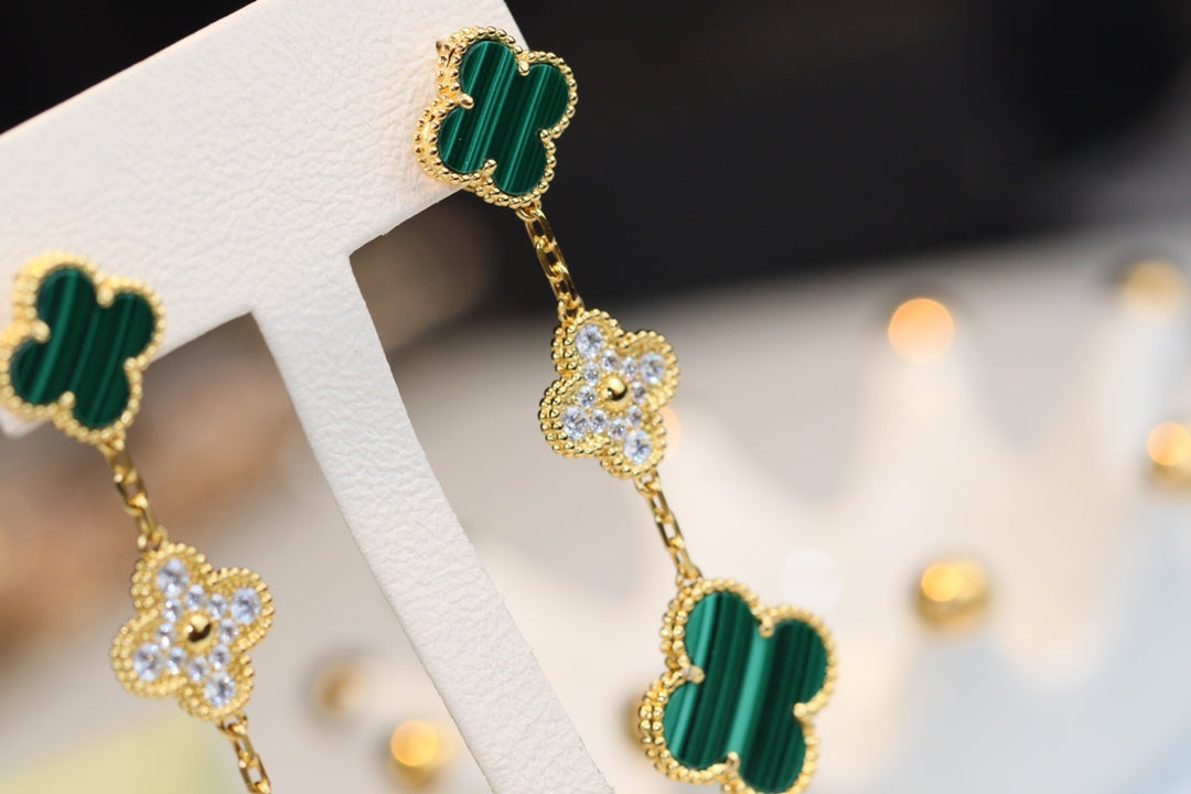 [Solara Jewelry]CLOVER EARRINGS GOLD MALACHITE DIAMOND 3 MOTIF