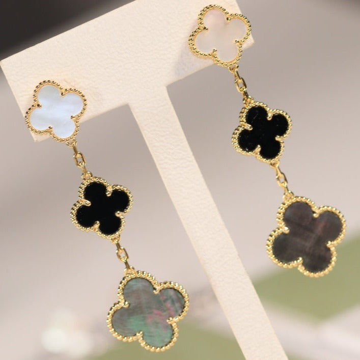 [Solara Jewelry]CLOVER EARRINGS GOLD ONYX MOP 3 MOTIF