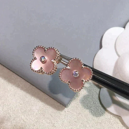 [Solara Jewelry]CLOVER MEDIUM 1 MOTIFS  PINK MOP DIAMOND EARRINGS