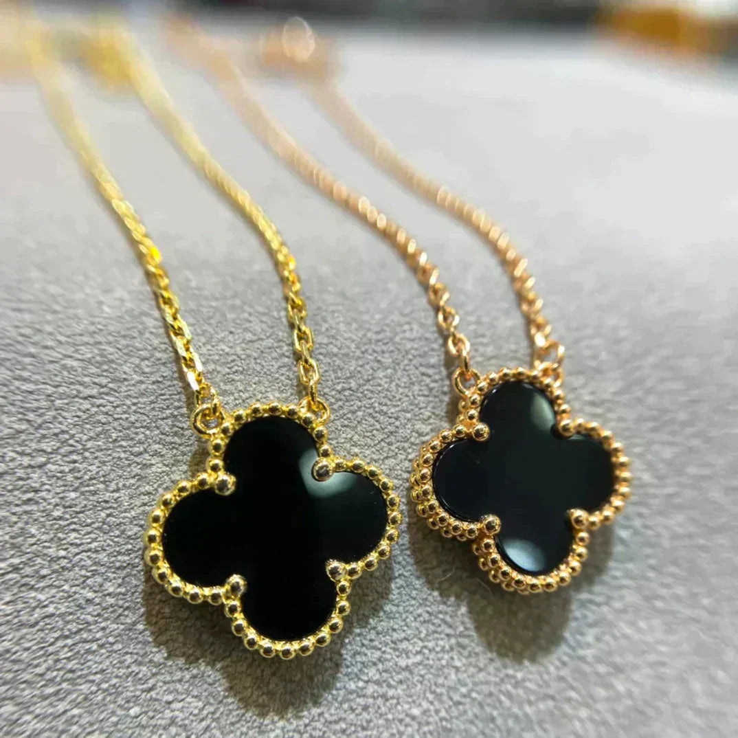 [Solara Jewelry]CLOVER 15MM BLACK ONYX SINGLE FLOWER NECKLACE