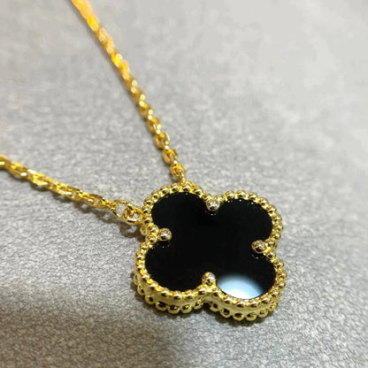 [Solara Jewelry]CLOVER 15MM BLACK ONYX SINGLE FLOWER NECKLACE