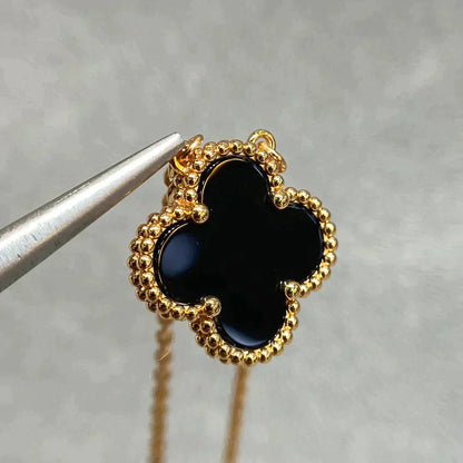 [Solara Jewelry]CLOVER 15MM BLACK ONYX SINGLE FLOWER NECKLACE