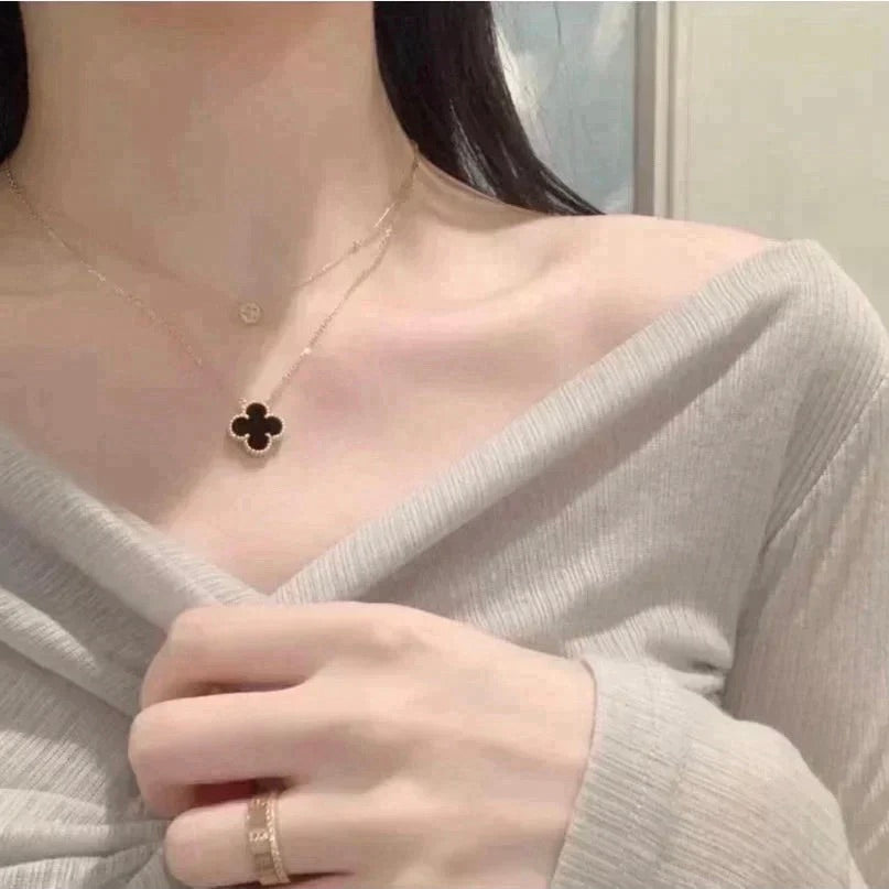 [Solara Jewelry]CLOVER 15MM BLACK ONYX SINGLE FLOWER NECKLACE