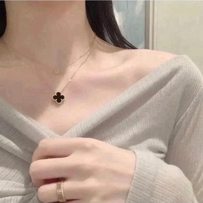 [Solara Jewelry]CLOVER 15MM BLACK ONYX SINGLE FLOWER NECKLACE