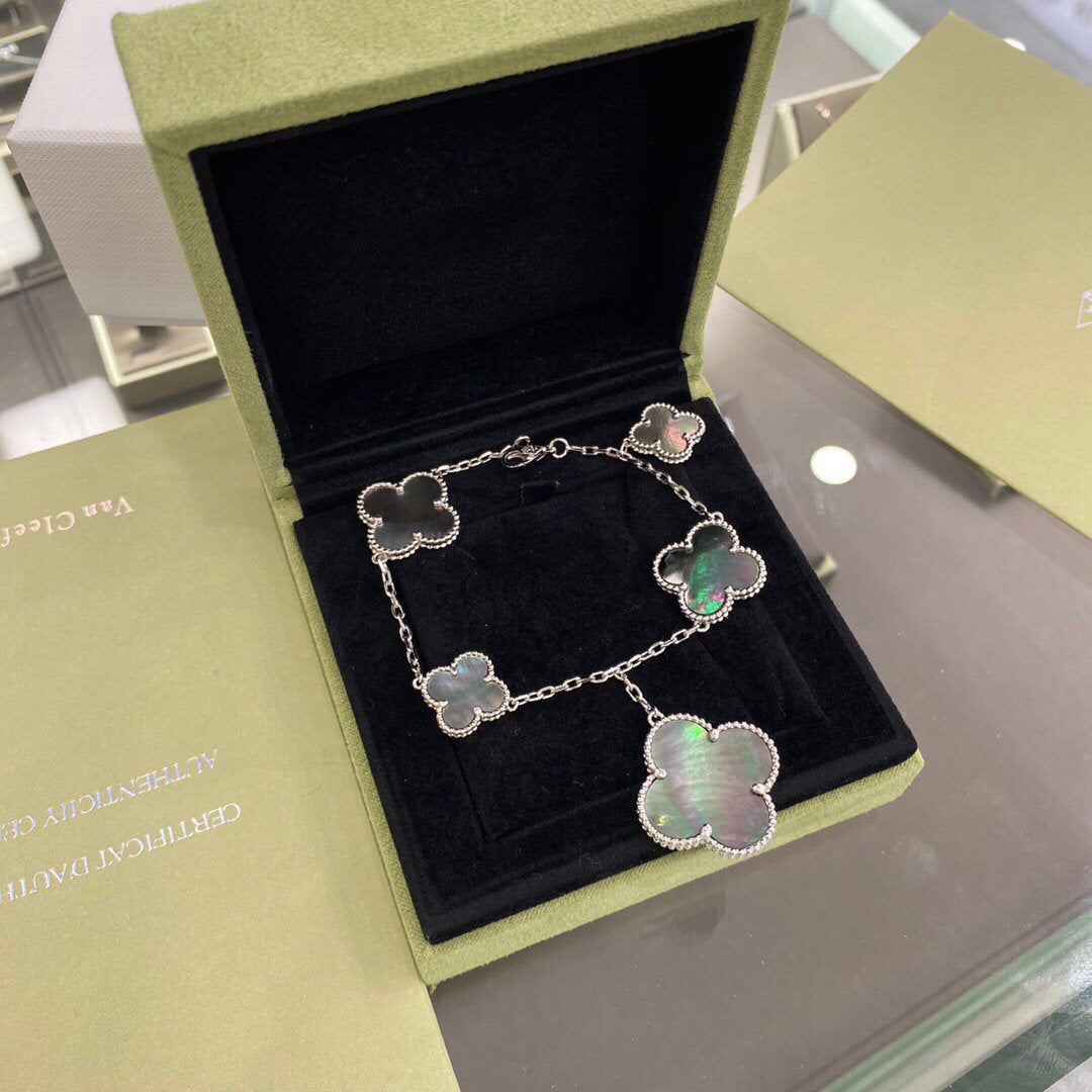 [Solara Jewelry]CLOVER 5 MOTIFS SIVLER DARK MOP BRACELET