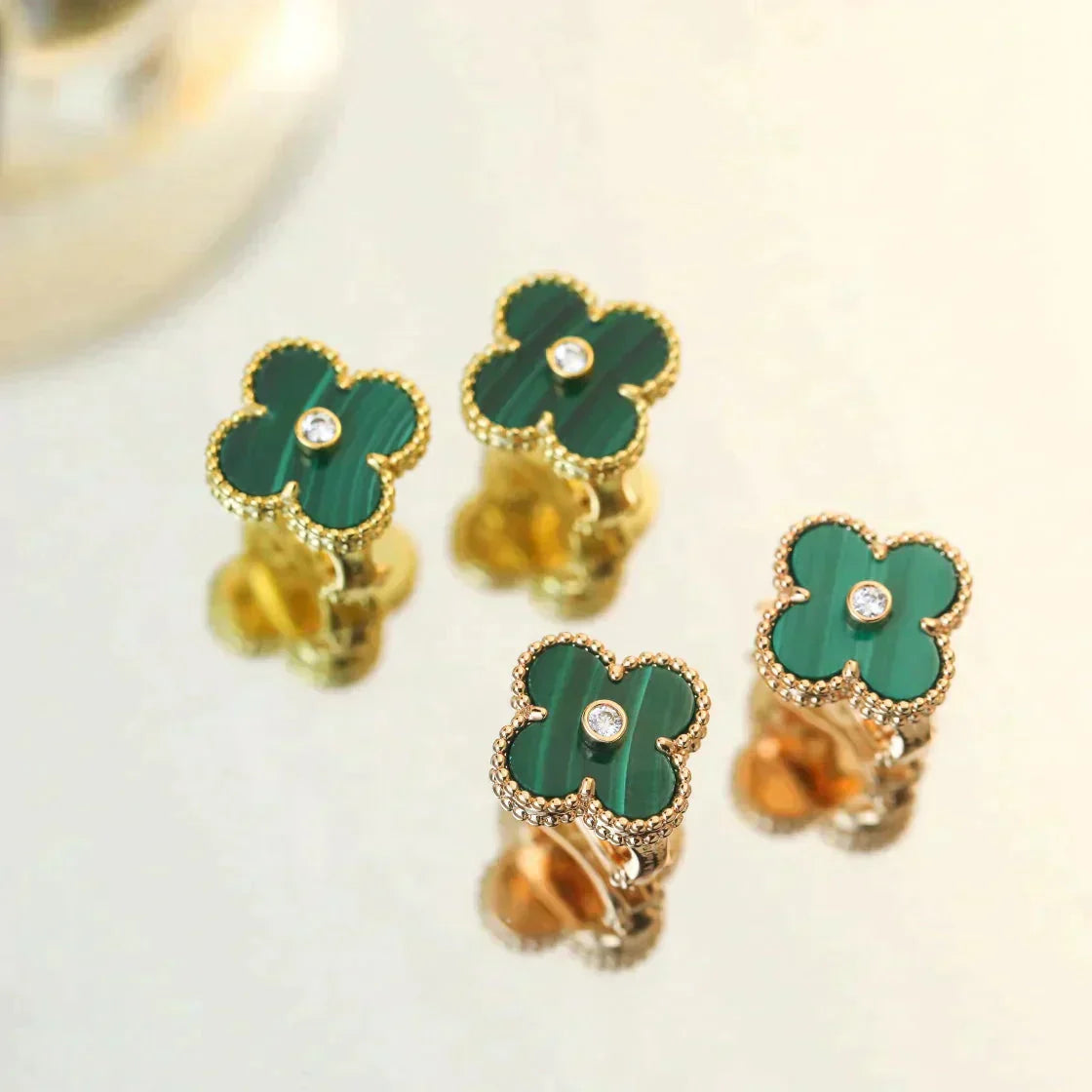 [Solara Jewelry]CLOVER MEDIUM 1 MOTIFS MALACHITE DIAMOND EARRINGS