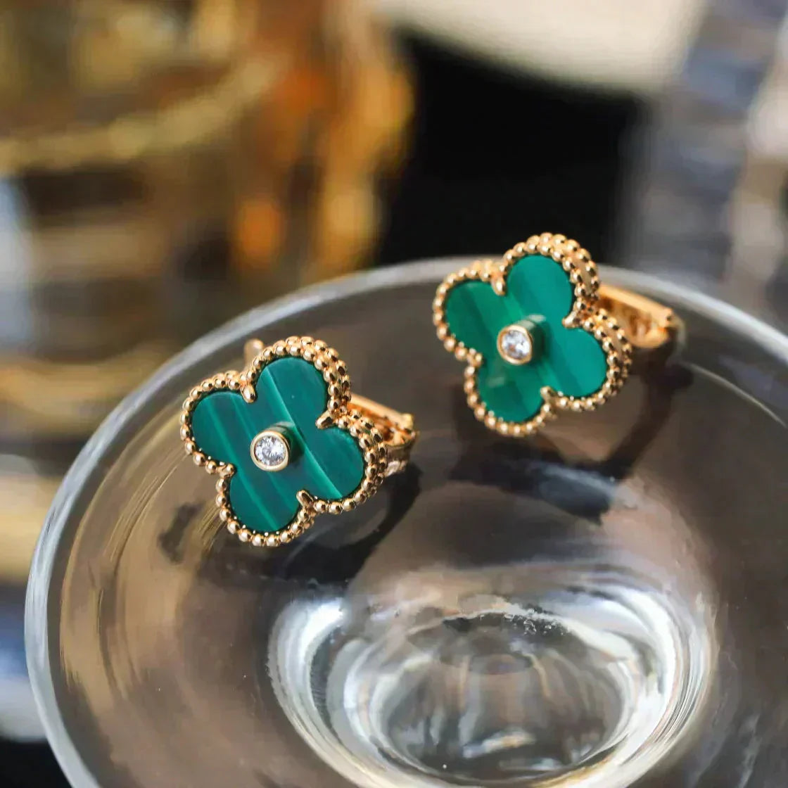 [Solara Jewelry]CLOVER MEDIUM 1 MOTIFS MALACHITE DIAMOND EARRINGS