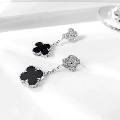 [Solara Jewelry]CLOVER 2 MOTIFS  DIAMOND ONYX EARRINGS SILVER