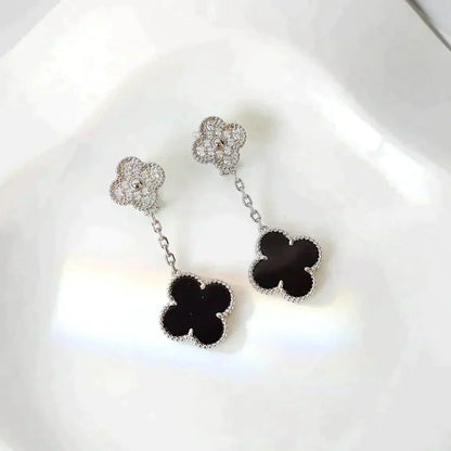 [Solara Jewelry]CLOVER 2 MOTIFS  DIAMOND ONYX EARRINGS SILVER