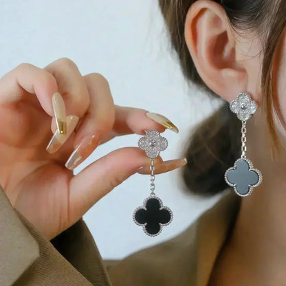 [Solara Jewelry]CLOVER 2 MOTIFS  DIAMOND ONYX EARRINGS SILVER