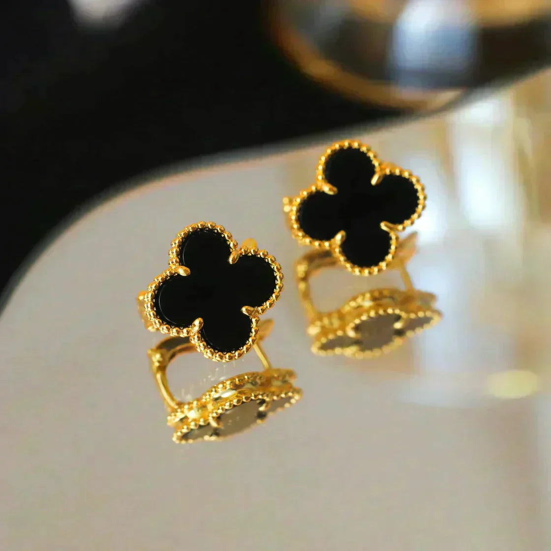 [Solara Jewelry]CLOVER MEDIUM 1 MOTIFS  ONYX STUD EARRINGS