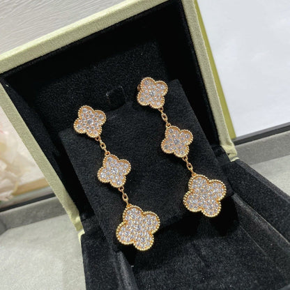 [Solara Jewelry]CLOVER 3 MOTIFS DIAMOND PAVED ROSE GOLD EARRINGS
