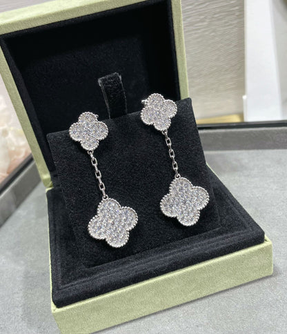 [Solara Jewelry]CLOVER 2 MOTIFS DIAMOND PAVED SILVER EARRINGS