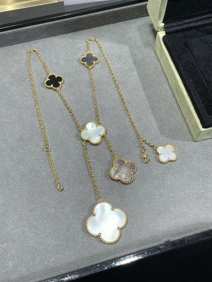 [Solara Jewelry]CLOVER 6 MOTIF MOP ONYX GOLD NECKLACE