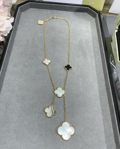 [Solara Jewelry]CLOVER 6 MOTIF MOP ONYX GOLD NECKLACE