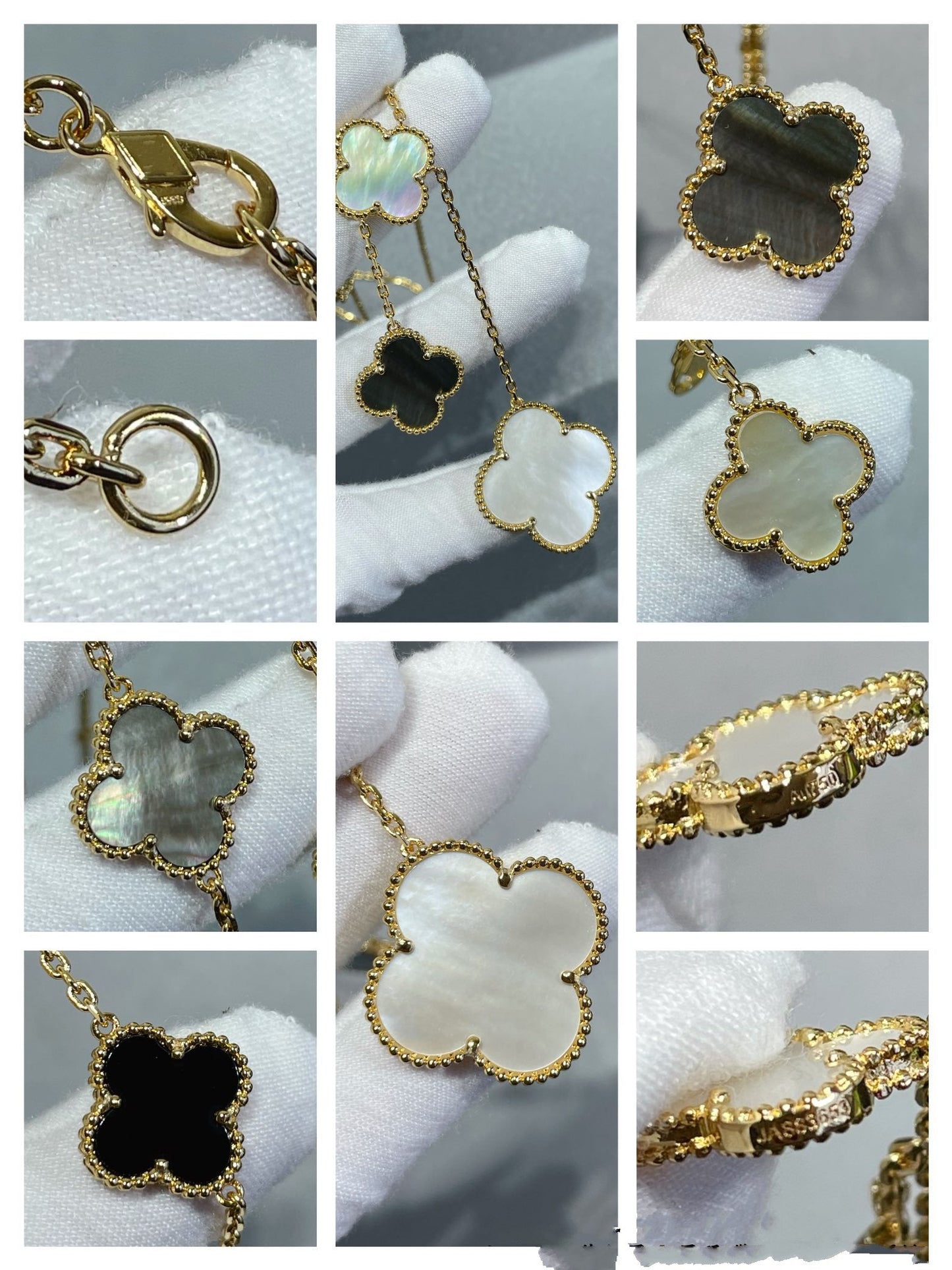 [Solara Jewelry]CLOVER 6 MOTIF MOP ONYX GOLD NECKLACE