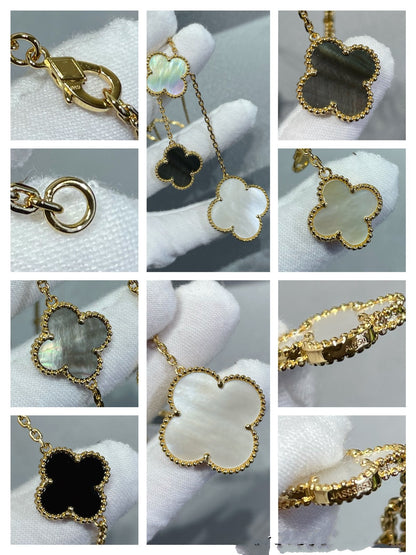 [Solara Jewelry]CLOVER 6 MOTIF MOP ONYX GOLD NECKLACE