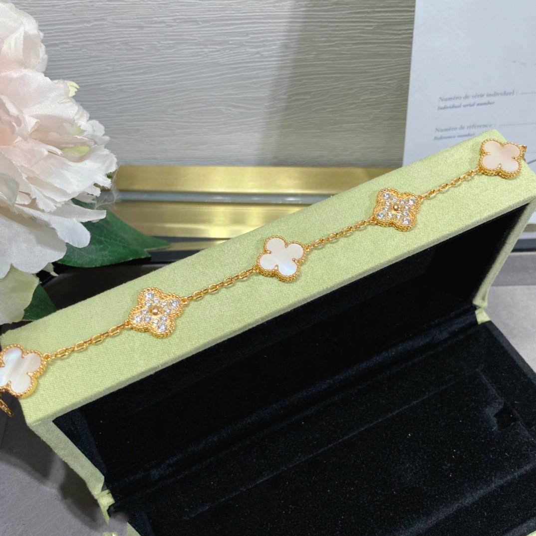 [Solara Jewelry]CLOVER 5 MOTIF DIAMOND PINK MOP PINK GOLD BRACELET