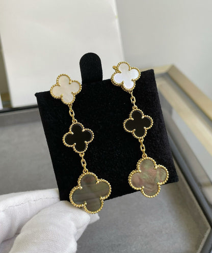 [Solara Jewelry]CLOVER 3 MOTIF MOP ONYX DARK MOP PINK GOLD EARRINGS
