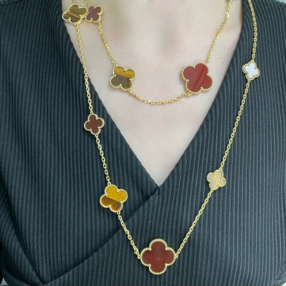 [Solara Jewelry]CLOVER 16 MOTIF CARNELIAN TIGER EYE ROSE GOLD NECKLACE