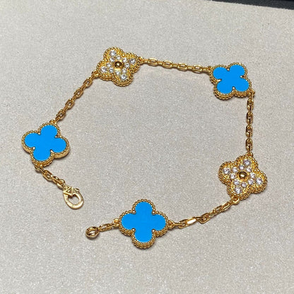 [Solara Jewelry]CLOVER 5 MOTIF BLUE CHALCEDONY DIAMOND GOLD BRACELET