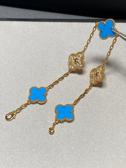 [Solara Jewelry]CLOVER 5 MOTIF BLUE CHALCEDONY DIAMOND GOLD BRACELET