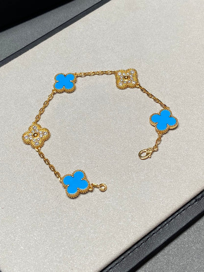 [Solara Jewelry]CLOVER 5 MOTIF BLUE CHALCEDONY DIAMOND GOLD BRACELET