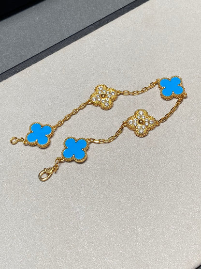 [Solara Jewelry]CLOVER 5 MOTIF BLUE CHALCEDONY DIAMOND GOLD BRACELET