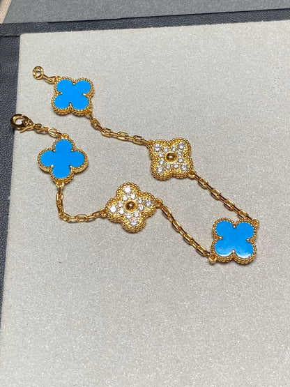 [Solara Jewelry]CLOVER 5 MOTIF BLUE CHALCEDONY DIAMOND GOLD BRACELET