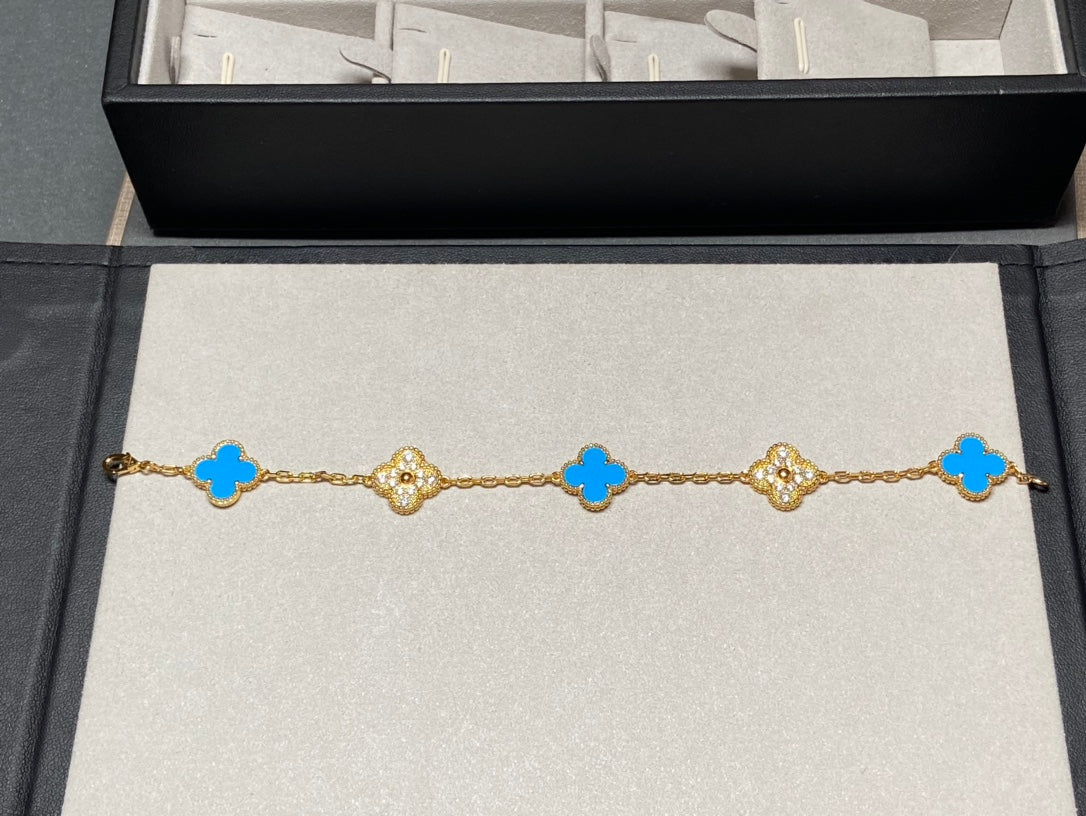 [Solara Jewelry]CLOVER 5 MOTIF BLUE CHALCEDONY DIAMOND GOLD BRACELET