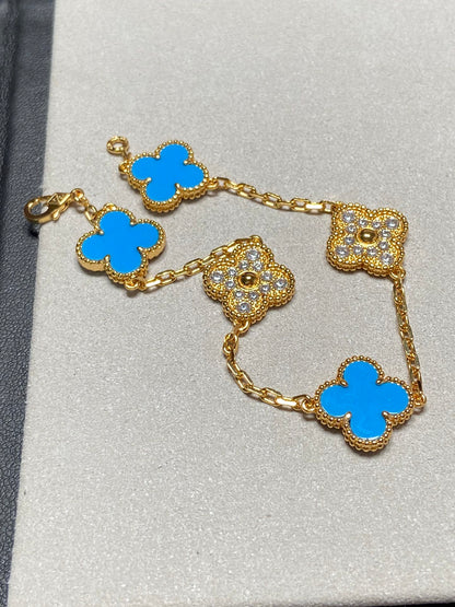 [Solara Jewelry]CLOVER 5 MOTIF BLUE CHALCEDONY DIAMOND GOLD BRACELET