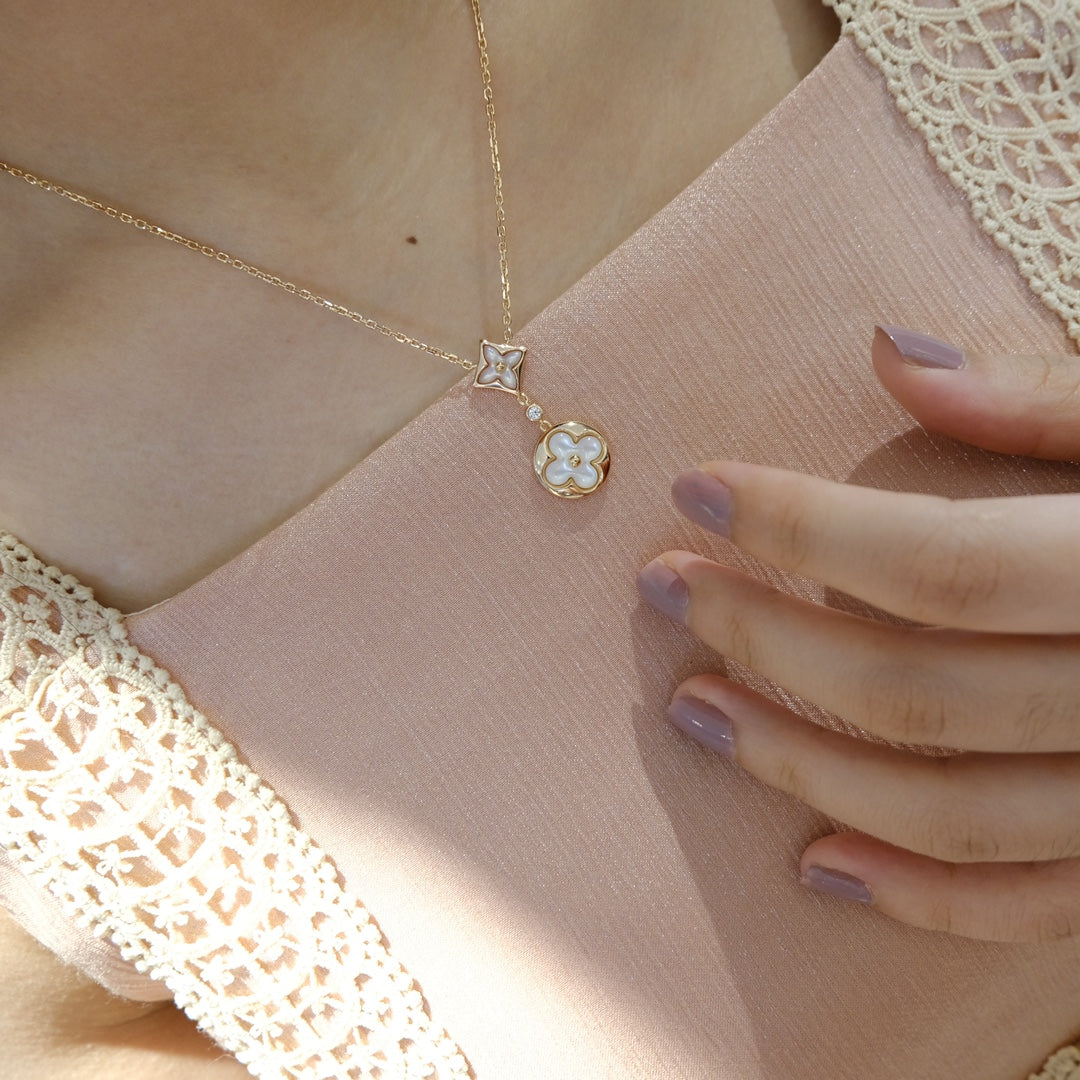[Solara Jewelry]STAR AND SUN WHITE MOP 2 MOTIF PINK GOLD NECKLACE