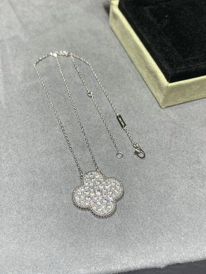 [Solara Jewelry]CLOVER 25MM LARGE PENDANT DIAMOND PAVED SILVER NECKLACE