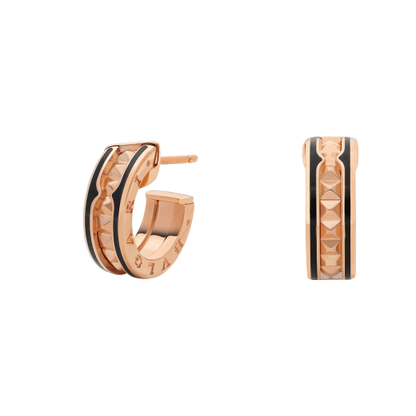 [Solara Jewelry]ZERO 1 ROCK PINK GOLD EARRINGS WITH STUDDED SPIRAL AND BLACK CERAMIC
