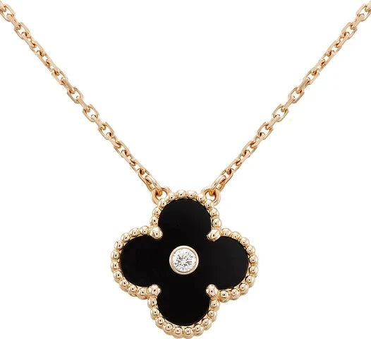 [Solara Jewelry]CLOVER 15MM DIAMOND ONYX NECKLACE