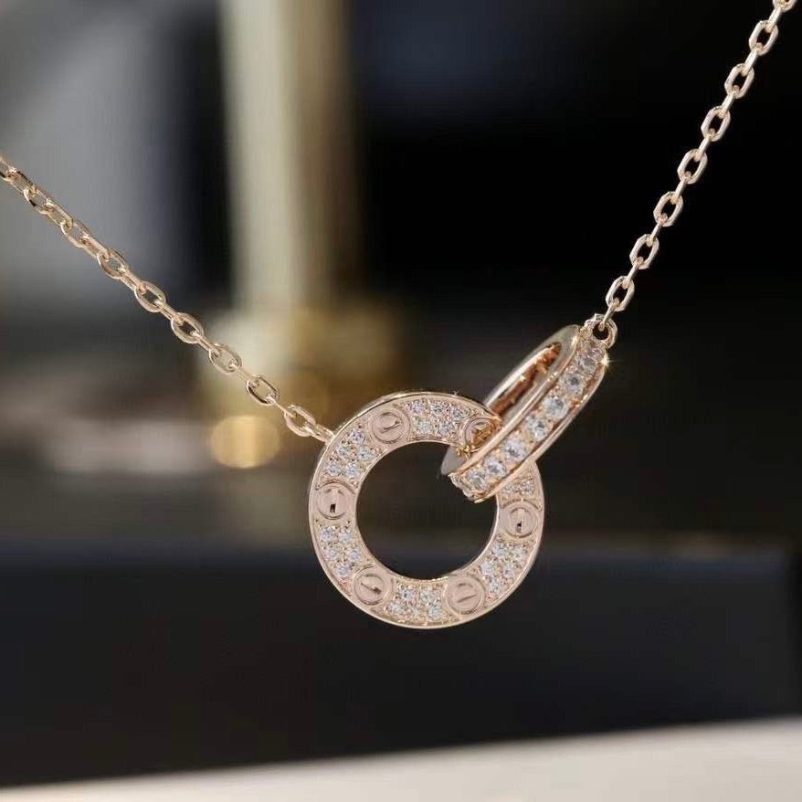 [Solara Jewelry]LOVE 7.6MM NECKLACE ROSE GOLD AND SILVER  FULL DIAMOND