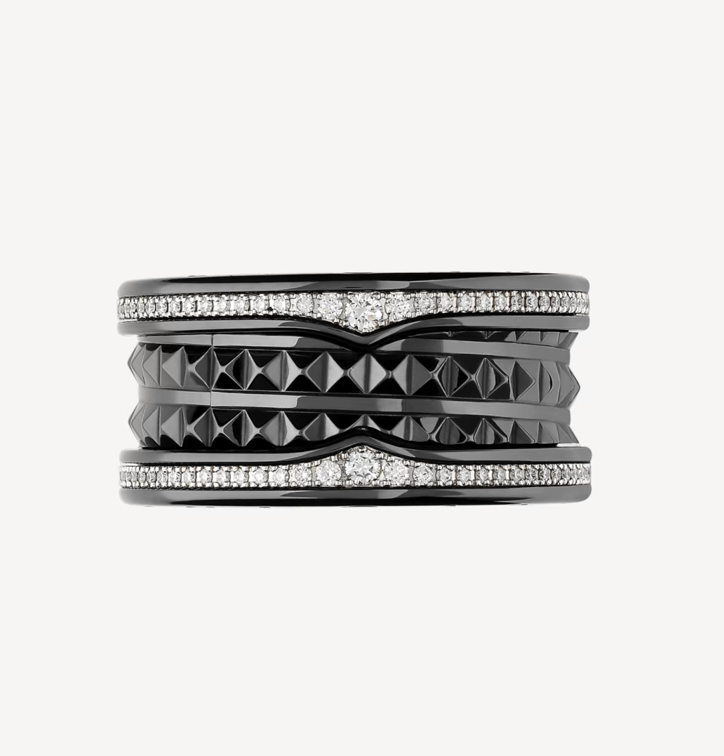 [Solara Jewelry]ZERO 1 ROCK FOUR-BAND BLACK CERAMIC WITH STUDDED SPIRAL AND PAVED DIAMONDS RING