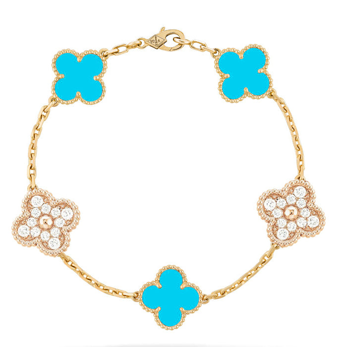[Solara Jewelry]CLOVER 5 MOTIF TURQUOISE DIAMOND GOLD BRACELET