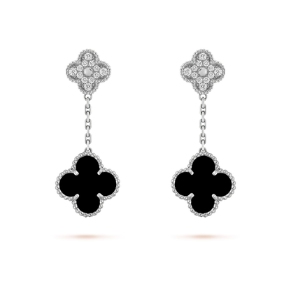 [Solara Jewelry]CLOVER 2 MOTIFS  DIAMOND ONYX EARRINGS SILVER