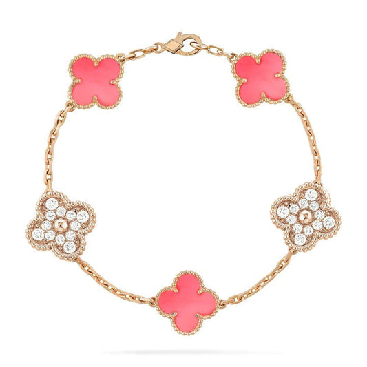 [Solara Jewelry]CLOVER 5 MOTIF DIAMOND PINK MOP PINK GOLD BRACELET