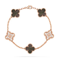 [Solara Jewelry]CLOVER 5 MOTIFS DARK MOP AND DIAMONDS PINK GOLD BRACELET