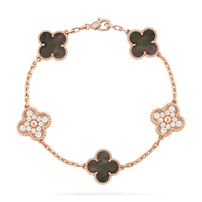 [Solara Jewelry]CLOVER 5 MOTIFS DARK MOP AND DIAMONDS PINK GOLD BRACELET