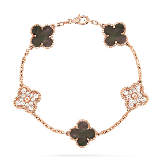 [Solara Jewelry]CLOVER 5 MOTIFS DARK MOP AND DIAMONDS PINK GOLD BRACELET